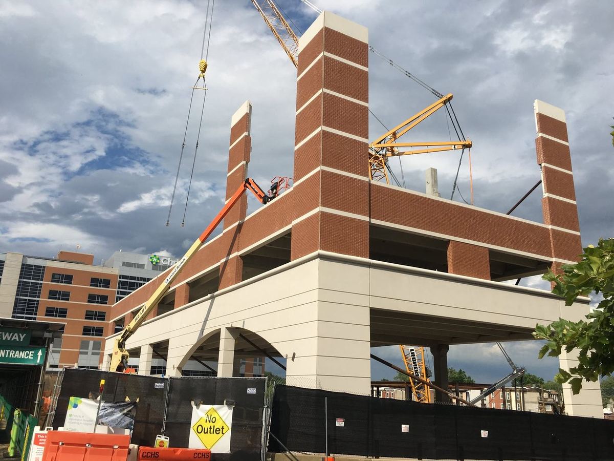 Brick-faced architectural precast on a hospital parking structure