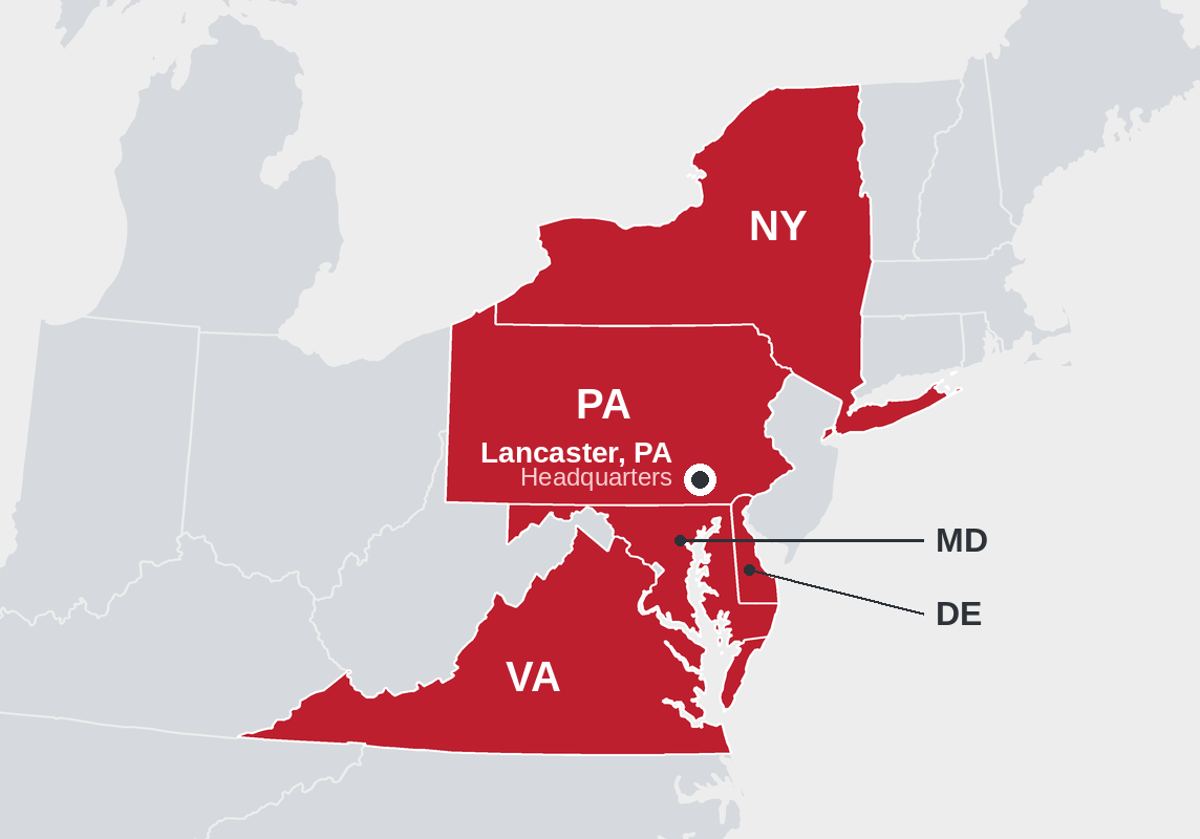 Map of the HSE service area covering Pennsylvania, New York, Delaware, Maryland and Virginia, with headquarters in Lancaster, Pennsylvania