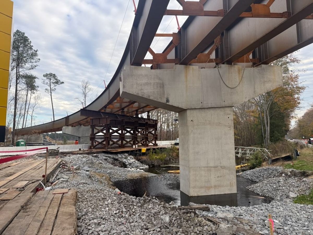 Steel girders on temporary shoring at a flyover pier in Suffolk, Virginia