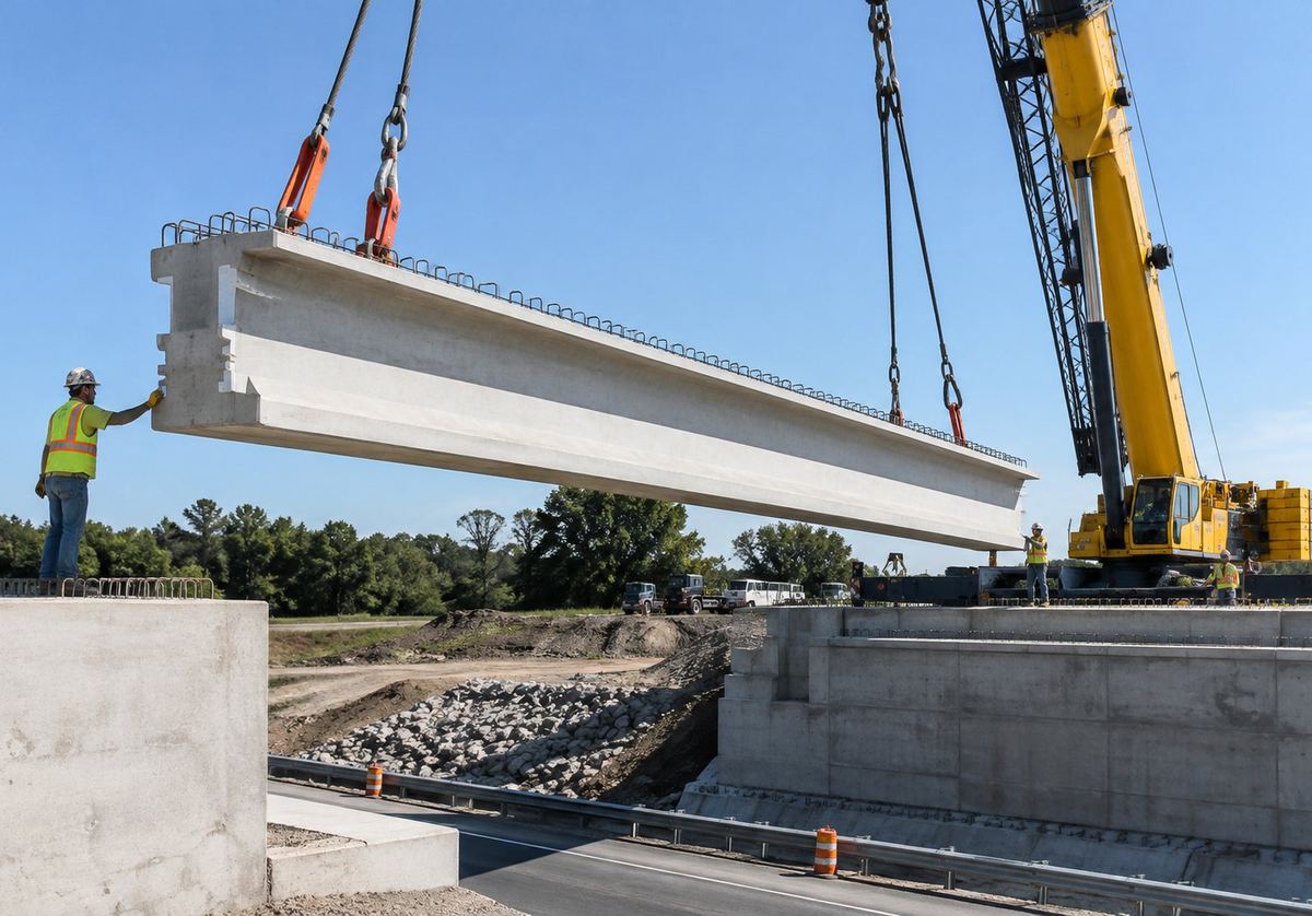 Ironworker guiding a prestressed concrete bridge beam onto the abutment flyover pier in Suffolk, Virginia