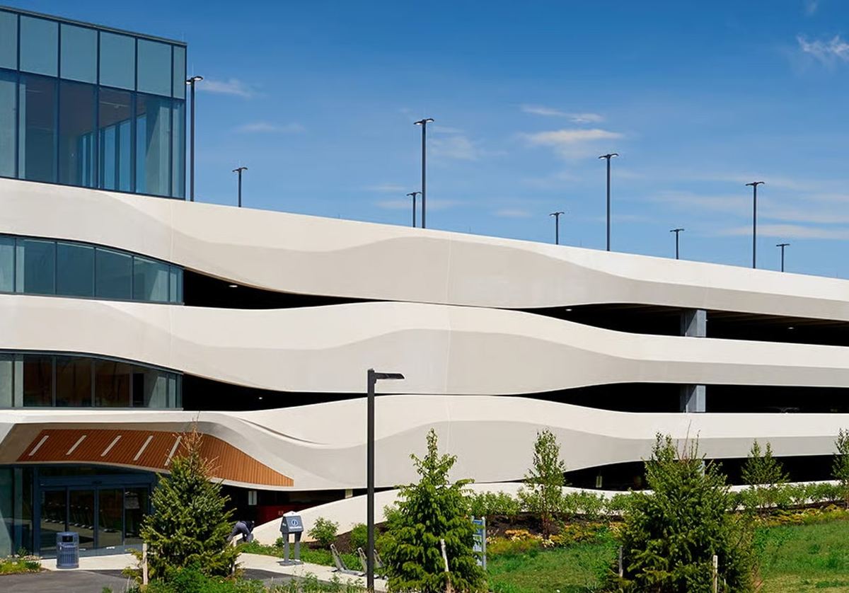 Architectural precast wave panels on a completed parking structure