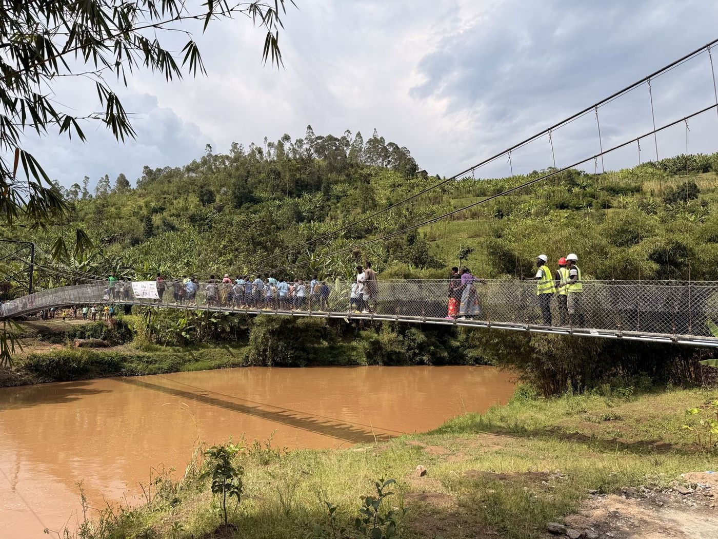 The completed pedestrian suspension bridge over the Mukungwa River at Shyira, Rwanda