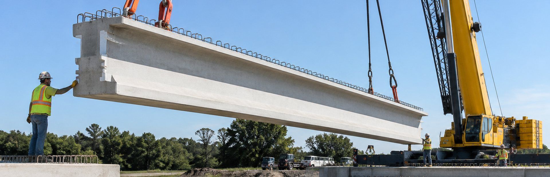 Crane setting a prestressed concrete bridge beam onto an abutment