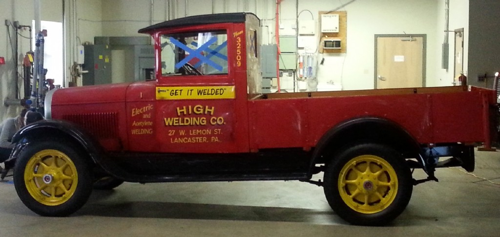 Restored 1931 High Welding Co. pickup truck, lettered for electric and acetylene welding at 27 W. Lemon St., Lancaster, Pennsylvania